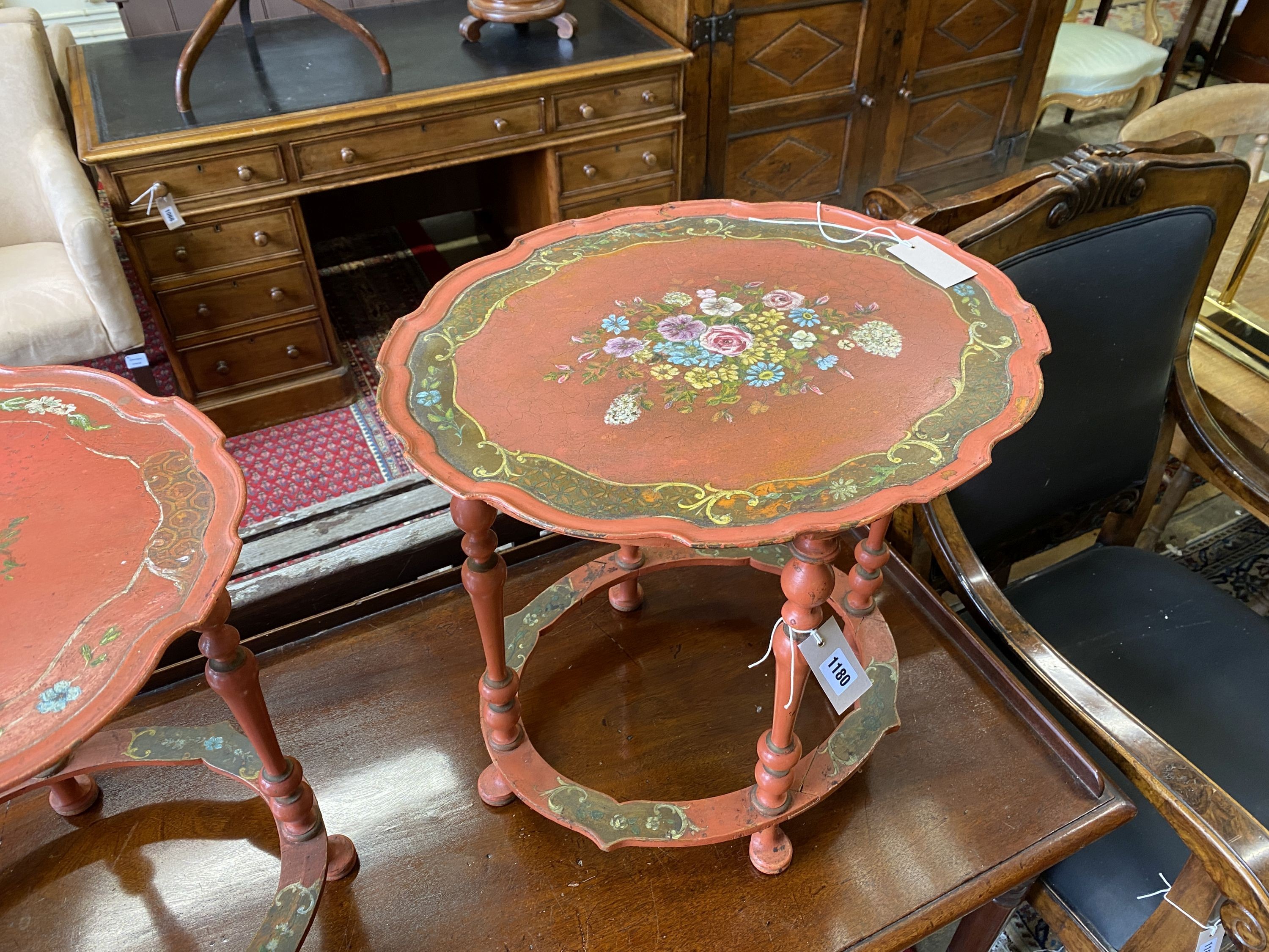 A pair of oval floral painted occasional tables, width 49cm, depth 42cm, height 49cm